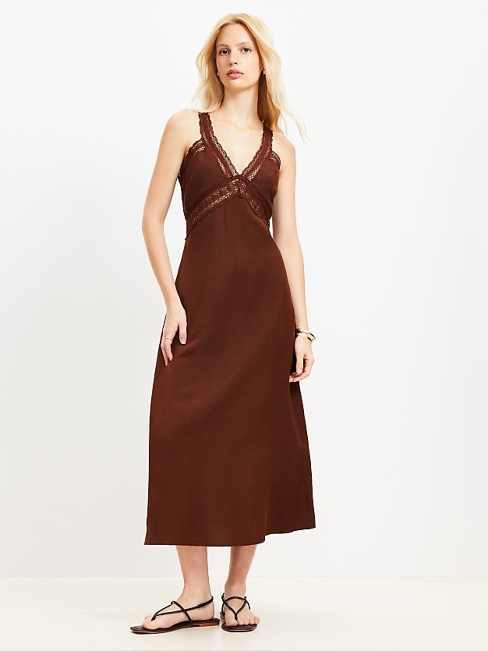 NWT Loft Lace Trim Linen Blend Midi Dress - Brown/Baked Pecan Size 4